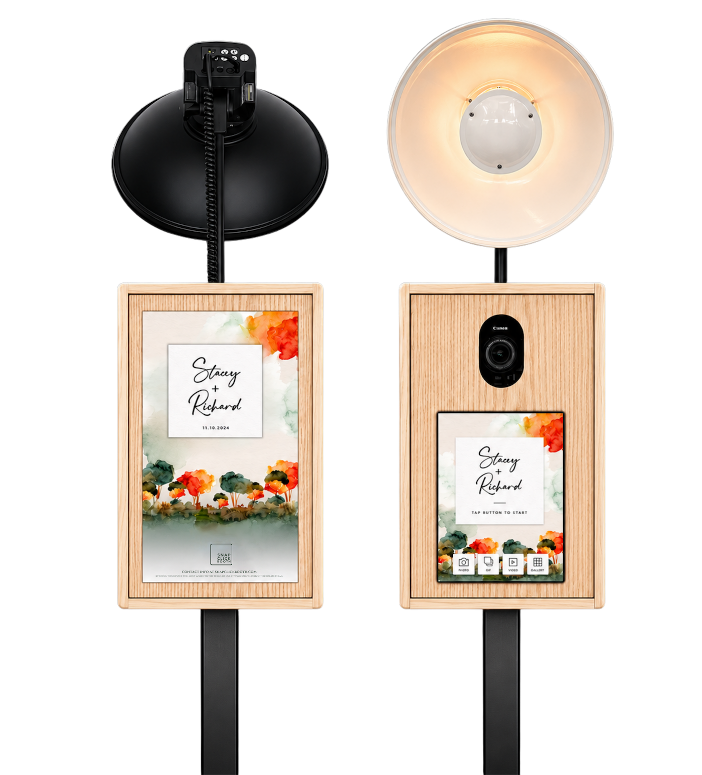 Snap Click Booth open-air photo booth — front and back views with touchscreen, Canon camera and studio lighting