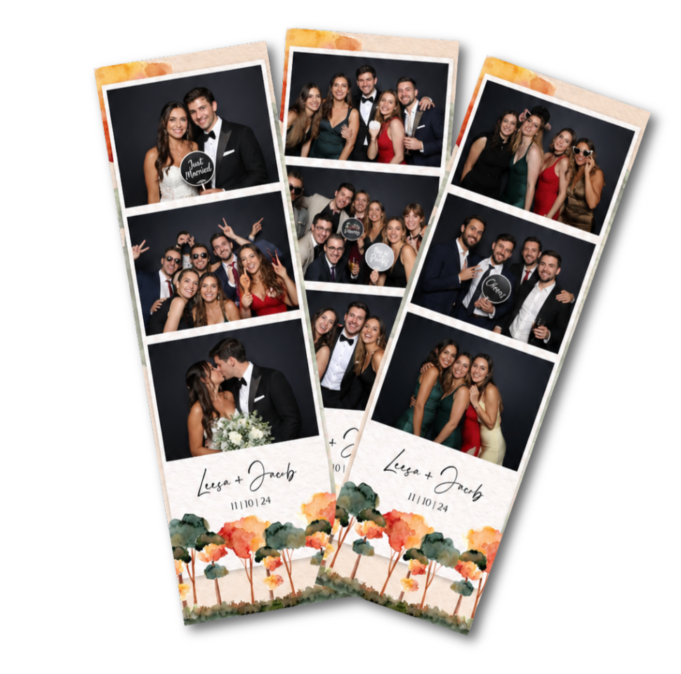 Custom photo strips printed on-site at a Snap Click Booth event — personalised layouts with guest photos